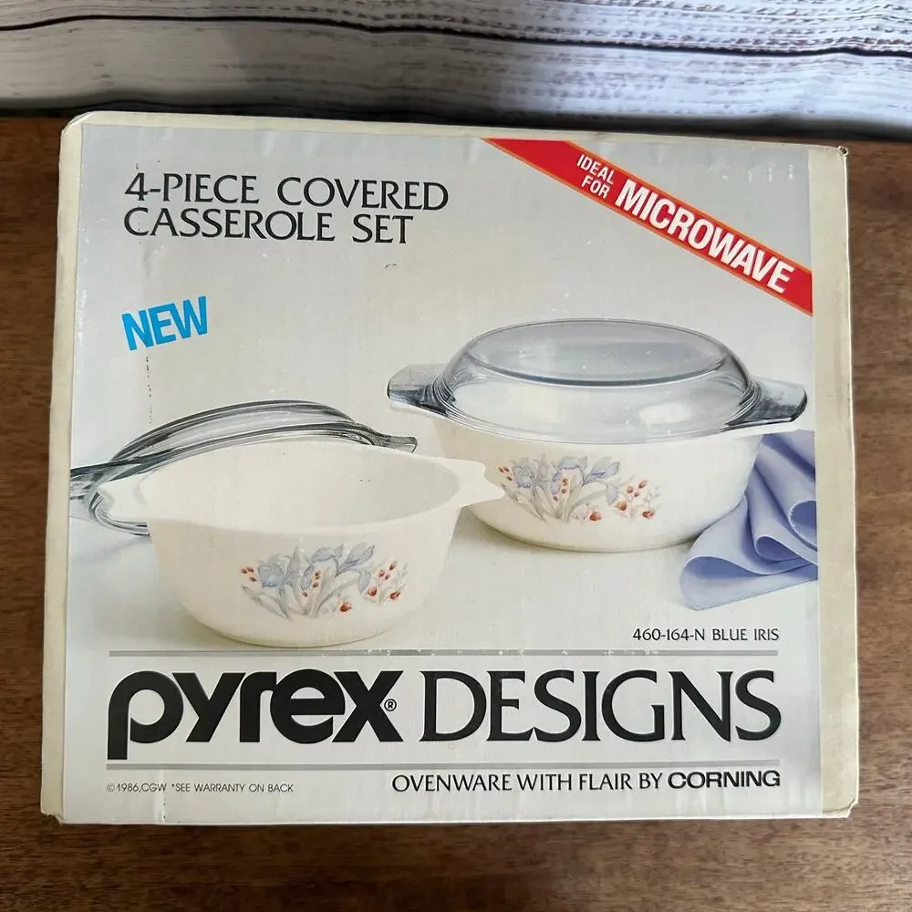 VTG Sealed Pyrex Designs 4 Pc Covered Casserole Set Blue Iris 460-164N England